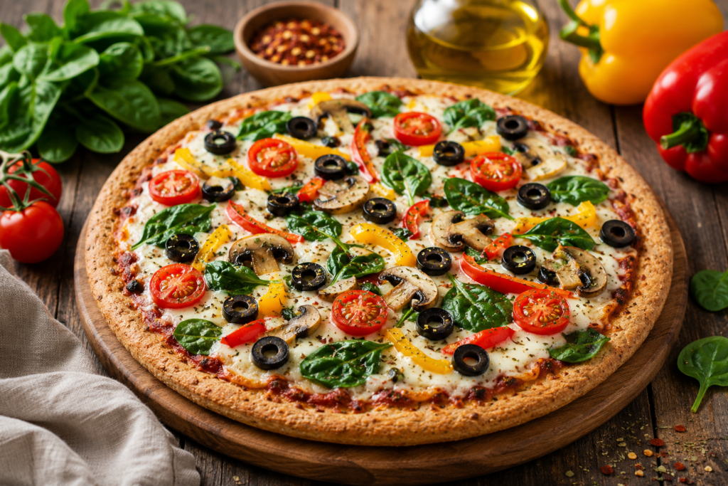 Healthy wellness pizza with fresh vegetables on a whole wheat crust