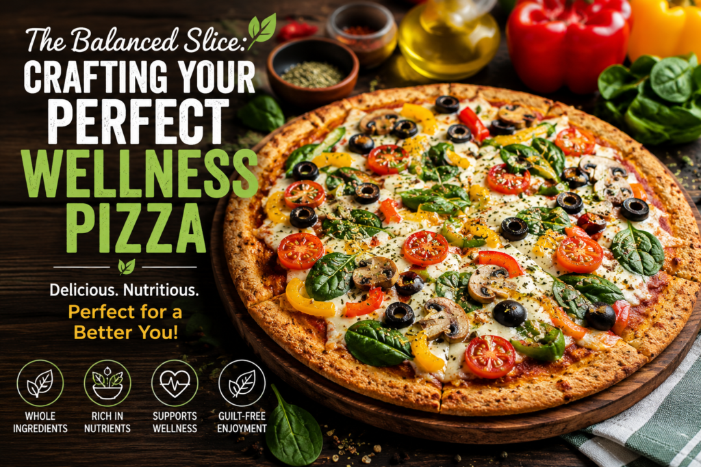 Healthy wellness pizza made with whole wheat crust, fresh vegetables, mozzarella cheese, and basil.